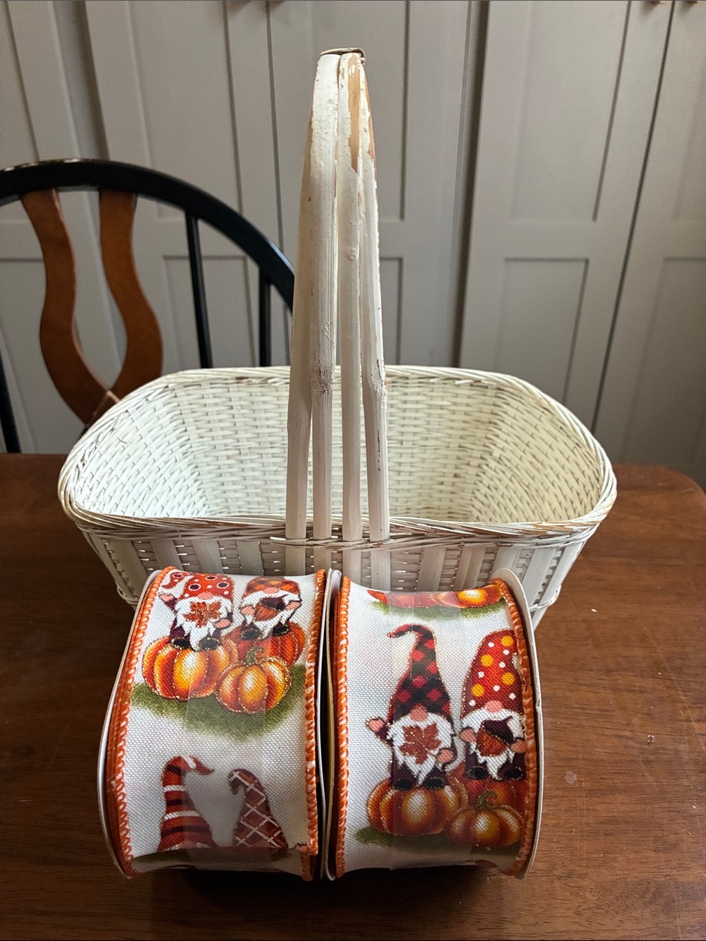 White Wicker Basket with Orange Autumn Gnome Ribbon